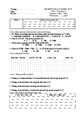 Đề kiểm tra cuối học kỳ 1 môn Toán Lớp 4 - Năm học 2010-2011 (Có đáp án)